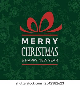 Christmas greeting card featuring a stylized gift bow and snowflakes on a green background, wishing a merry christmas and happy new year