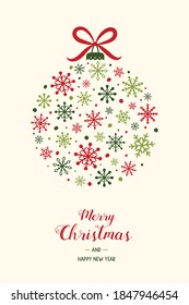 Christmas greeting card with festive ball. Xmas wishes. Vector