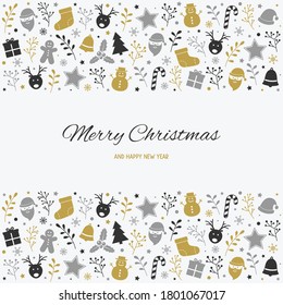 Christmas greeting card with festive decorations. Xmas background with beautiful calligraphy. Vector