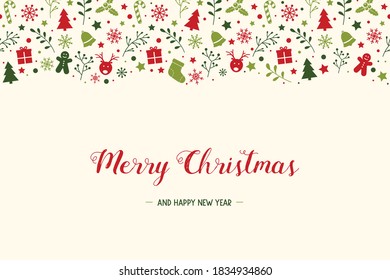 Christmas greeting card with festive decorations. Xmas background with beautiful calligraphy. Vector