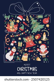 Christmas greeting card with festive elements in the form of a gift. Merry Christmas and Happy New Year. Banner, poster, flyer with Santa, Claus, Christmas tree, etc.