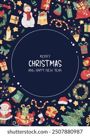 Christmas greeting card with festive elements in the form of a ball. Merry Christmas and Happy New Year. Banner, poster, flyer with Santa, Claus, Christmas tree, etc.