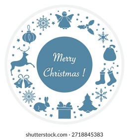 Christmas greeting card with festive elements, circular design, and text in the center. vector