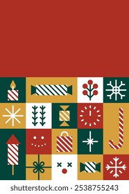 Christmas Greeting Card with Festive Icons and Red Background Vector Illustration