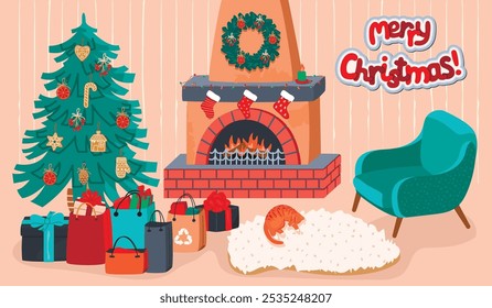 Christmas  greeting card with festive interior.Cozy room with fireplace, fir tree, armchair, gifts,sleeping cat.Decorations from socks, wreath, gingerbread, dried orange.Vector flat color illustration