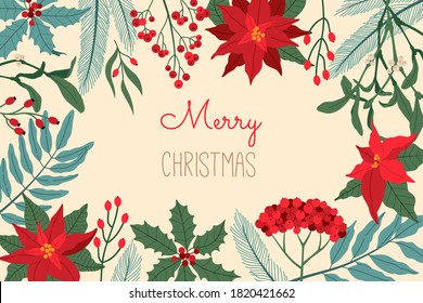 Christmas greeting card, with festive plants, invitation for holiday party, traditional symbol, horizontal border. Vector illustration in flat cartoon style, isolated on light yellow background.