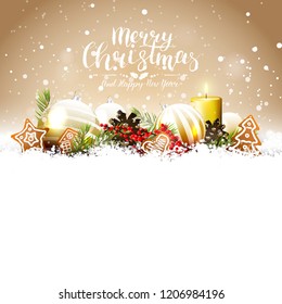 Christmas greeting card with fir branches, traditional decorations and gingerbreads.