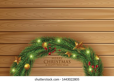 Christmas greeting card with fir branches decorated with ribbons, red and gold balls and berries. Wood texture background. Vector illustration