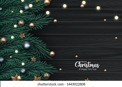 Christmas greeting card with fir branches decorated with ribbons, red and gold balls and berries. Wood texture background. Vector illustration