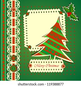Christmas Greeting Card, Fir Tree on Green Dotted Background, Vector