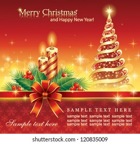 christmas greeting card with fir tree and candle