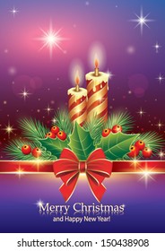 christmas greeting card with fir tree and candle