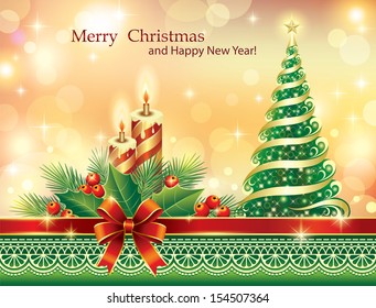 christmas greeting card with fir tree and candle