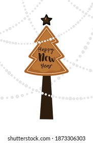 Christmas greeting card with fir tree, lettering. X-mas design element for poster, invitation, flyer, advertisement. Minimalist illustration in flat cartoon style on white background 