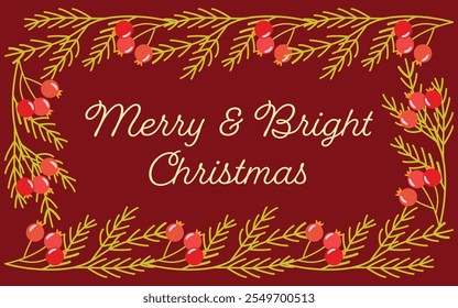 Christmas greeting card with fir tree branches and holly berries on isolated background. Hand drawn element for festive celebration of Winter holidays, Christmas, New Year and for paper crafts.