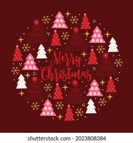 Christmas greeting card with fir trees, snowflakes, stars on dark background. Circle ornament in scandinavian style. Perfect for winter holidays, Xmas postcards. Vector illustration