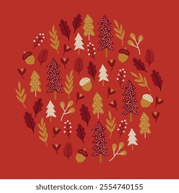 Christmas greeting card with fir trees, acorns, berries, leaves, fir branches on red background. Circle ornament. Perfect for seasonal holidays and winter decorations. Vector illustration