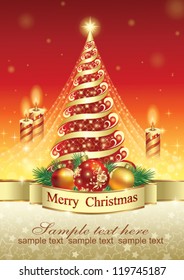 christmas greeting card with firtree, balls and candle