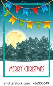 Christmas greeting card with a  flags, winter forest , moon vector illustration