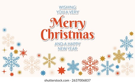 Christmas greeting card in flat cartoon style with festive text and decorative border made of snowflakes and stars. A cheerful winter design for seasonal wishes and holiday joy.