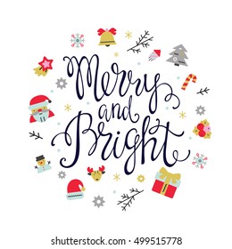 Christmas greeting card with flat icons elements and hand lettering. Vector illustration for invitation and celebration.