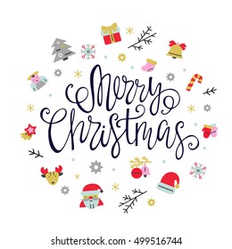 Christmas greeting card with flat icons elements and hand lettering. Vector illustration for invitation and celebration.
