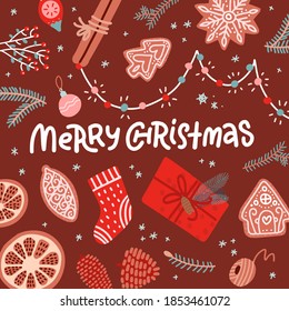 Christmas greeting card flat lay design. Presents wrapping , gingerbread and dried oranges top view. Xmas and New Year celebration preparation. Vector illustration with handdrawn lettering