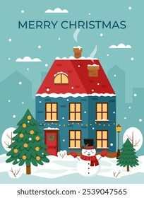 Christmas greeting card in flat style. Winter house with snowman and Christmas tree. Christmas poster.