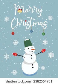 Weihnachtsgrußkarte flacher Vektorgrafik im Cartoon-Stil. Schneemann in Eimer und Fingerhilz auf schneebedecktem Hintergrund. Fröhliches Weihnachtskonzept
