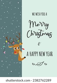Christmas greeting card flat vector in cartoon style. Cute reindeer with string light on horn on snowy background. Merry Christmas concept