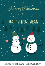 Weihnachtsgrußkarte flacher Vektorgrafik im Cartoon-Stil. Schneemann in Eimer, Fäusten und Schnupfen auf schneebedecktem Hintergrund. Fröhliches Weihnachtskonzept