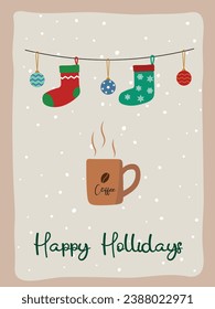 Christmas greeting card flat vector in cartoon style. Christmas socks and baubles and a coffee cup on snowy background. Merry Christmas concept. Happy Holidays.