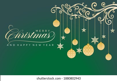 Christmas greeting card with floral ornament balls pattern, Merry Christmas and Happy new year fortuna gold with tidewater green backgrounds for banner, flyer, screen printing with minimalist design