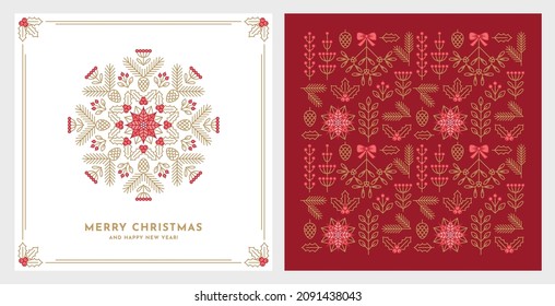 Christmas greeting card with floral ornament in a shape of snowflake and a seamless pattern. Winter holiday design element, banner, background.