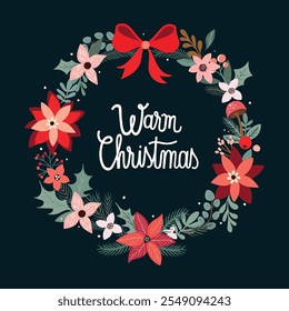 Christmas greeting card with floral wreath, decorative invitation with seasonal flowers and plants, winter design