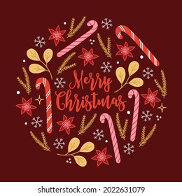 Christmas greeting card with flower, candy cane, fir branches, snowflakes on dark background. Circle ornament in scandinavian style. Perfect for winter holidays, Xmas postcards. Vector illustration