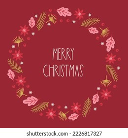 Christmas greeting card with flowers, fir branches, snowflakes, berries on red background. Scandinavian style. Perfect for seasonal holidays, New Year decorations. Hand drawn frame, wreath.