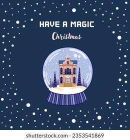 Christmas greeting card or flyer. Cute snow globe with a Dutch house and snow. Xmas and New Year decor. Modern flat style. Vector.