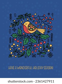 Christmas greeting card. Folk Art Bird with berries, holly on blue background. Vector vertical illustration. Xmas folk design