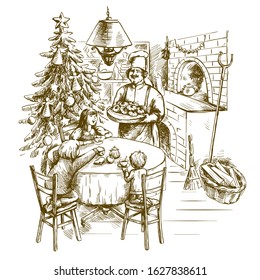 Christmas greeting card. freehand sketch on a gray background