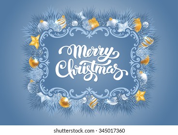 Christmas greeting card with frozen spruce branches and different Christmas decorations. Calligraphic lettering Merry Christmas on blue background. Vector illustration.