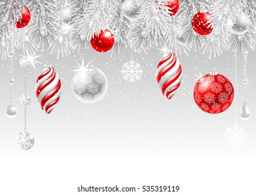 Christmas greeting card with frozen spruce branches and different christmas decorations. Vector illustration.