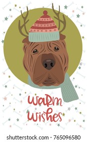 Christmas greeting card with fun dog. Happy Holiday card. New Year poster. Editable vector illustration