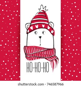 Christmas greeting card with funny bear. Hand drawn vector teddy with red sweater, scarf and hat. Happy New Year illustration. Winter design. Happy holidays template. Cartoon animals. Xmas card.