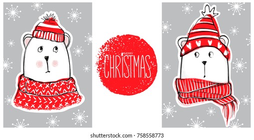 Christmas greeting card with funny bear. Hand drawn vector teddy with red sweater, scarf and hat. Happy New Year illustration. Winter design. Happy holidays template. Cartoon animals. Xmas 2018 card.