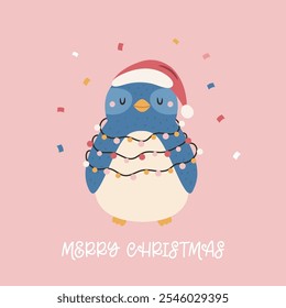 Christmas Greeting Card with Funny Blue Penguin in Santa Hat Wrapped in Garland. Australian Holiday Illustration, Design.