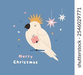 Christmas Greeting Card with Funny Cockatoo and Gift Box. Australian Holiday Illustration, Design.