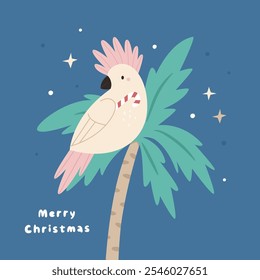 Cartão de Natal com Cockatoo Engraçado Sentado na Palma. Ilustração de feriado australiano, Design.