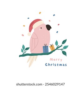 Cartão de Natal com Cockatoo engraçado e caixa de presente. Ilustração de feriado australiano, Design.