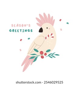 Christmas Greeting Card with Funny Cockatoo Sitting in Bushes. Australian Holiday Illustration, Design.
